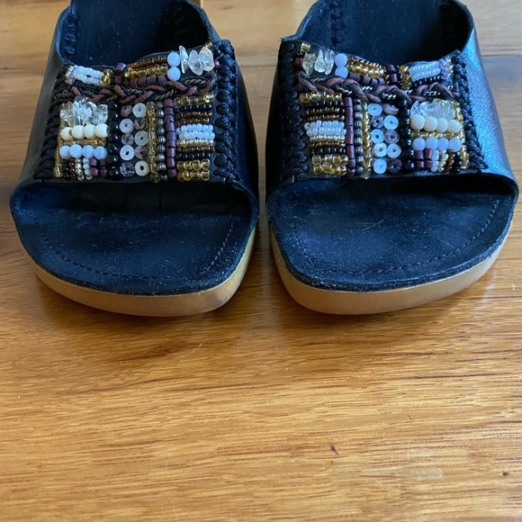 Rylee Leather Beaded Wood Heel Boho Chunky Heel Slides SZ 8.5 in Black - Picture 2 of 10